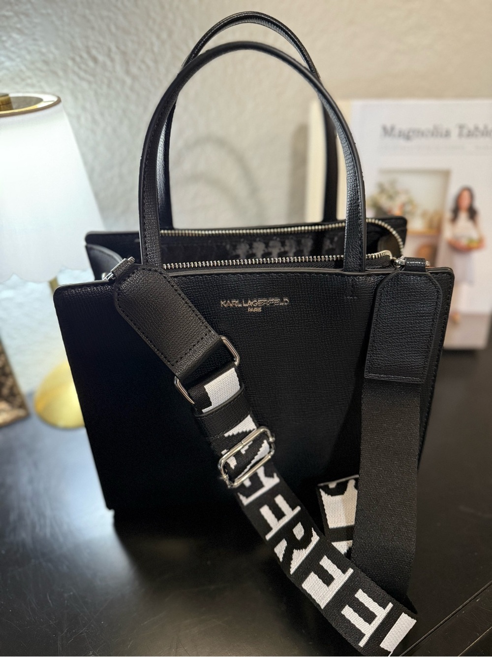 Karl Lagerfeld Black Leather Satchel with Branded Strap